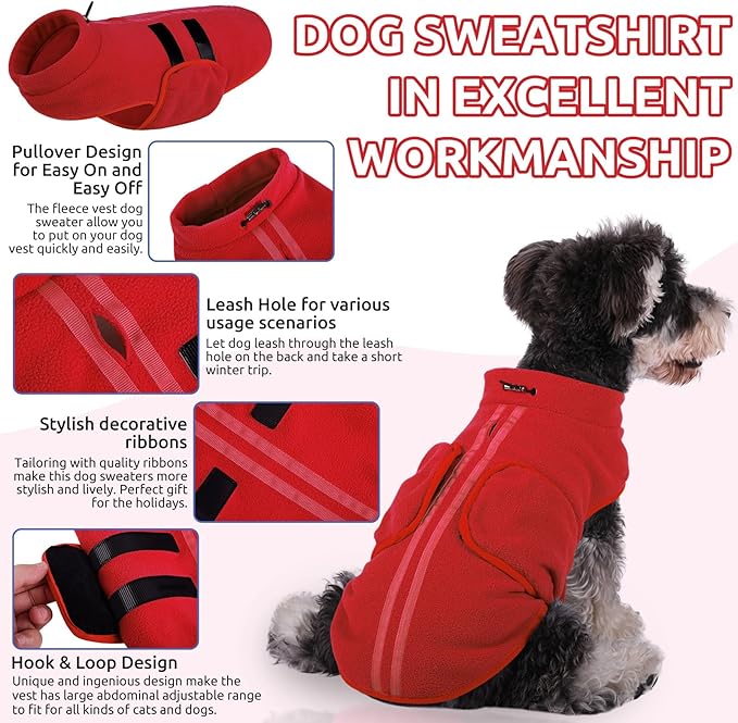 Queenmore Small Dog Sweaters, Soft Fleece Vest Pullover Dog Jacket with Leash Hole, Warm Winter Dog Clothes Cold Weather Doggy Dachshund Sweater for Small Dogs Cats Boy or Girl (Red, S)