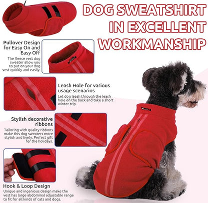 Queenmore XL Dog Sweaters, Soft Fleece Vest Pullover Dog Jacket with Leash Hole, Warm Winter Dog Clothes Cold Weather Doggy Dachshund Sweater for Large Dogs Cats Boy or Girl (Red, XL)