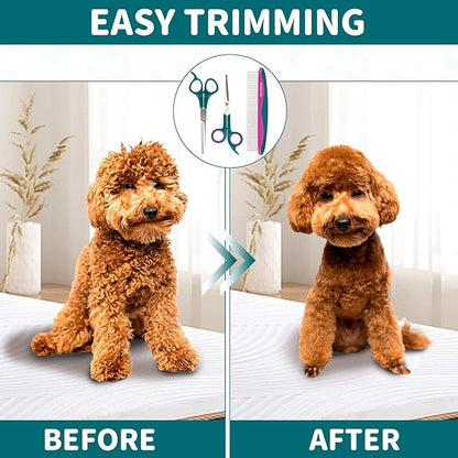 Professional Pet Grooming Kit, Stainless Steel Dog & Cat Grooming Shears with Rounded Tip Blades for Safe Fur Trimming, Thinning Shears, Straight Scissors, and Pet Comb (Set of 3)