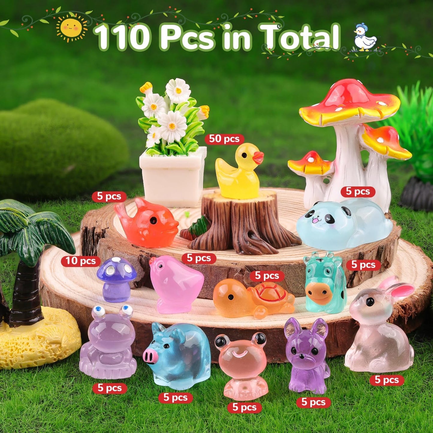 110PCS Mini Resin Animals Miniature Figures to Hide,Tiny Cute Figurines Glow in Dark, Little Animal Toys Small Accessories for Topper Desk Garden Dollhouse Landscape Aquarium Ornaments Crafts & Decor