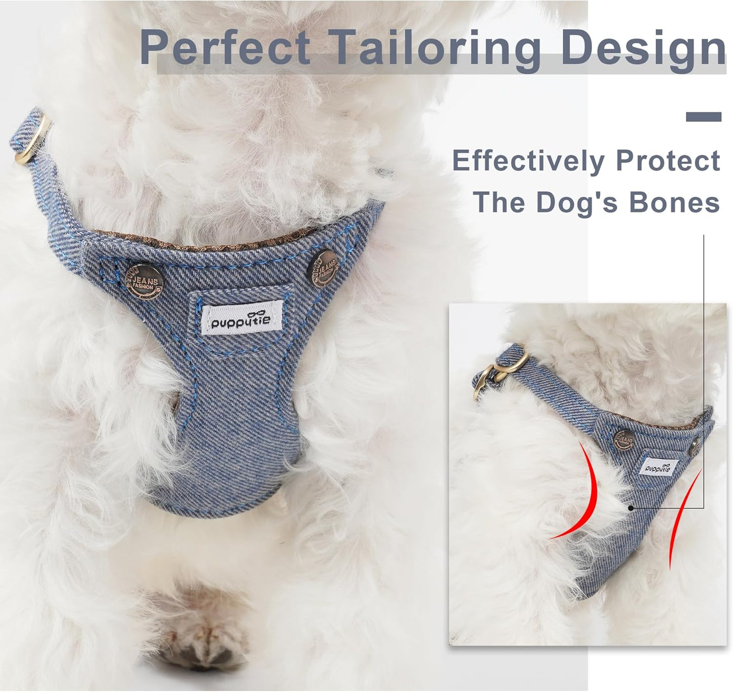 Puppytie No Pull Dog Harness with Multifunction Dog Leash,Soft Adjustable No Choke Escape Proof Pet Harness Vest for Medium Dogs,Denim Light Blue,M