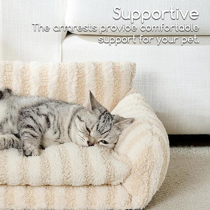 Hollypet Cat Bed Fluffy Plush Mutifuctional Double-Layer Soft Pet Couch Orthopedic Sofa Nest Beds for Small Cats and Dogs, Beige (21x15x8 inch)