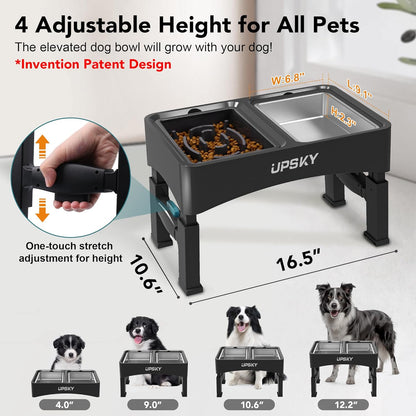 UPSKY Elevated Dog Bowls, 4 Height-Adjustable Raised Dog Bowl Stands with 2 Stainless-Steel Water Bowls, Slow Feeder, Anti-Slip for Small & Medium Dogs