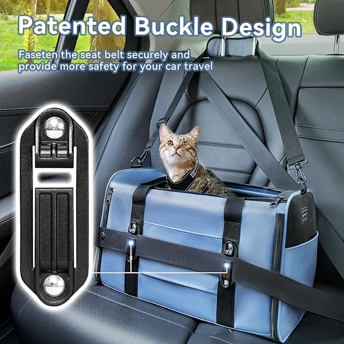 PETSFIT Cat Car Carrier for Small/Medium Cats Dogs, 18"x11"x11" Airline Approved Cat Carrier, with Patent Safety Buckles and Escape-Proof Zipper - Safeguarding Car Travel, Airplane, Vet, Outdoor