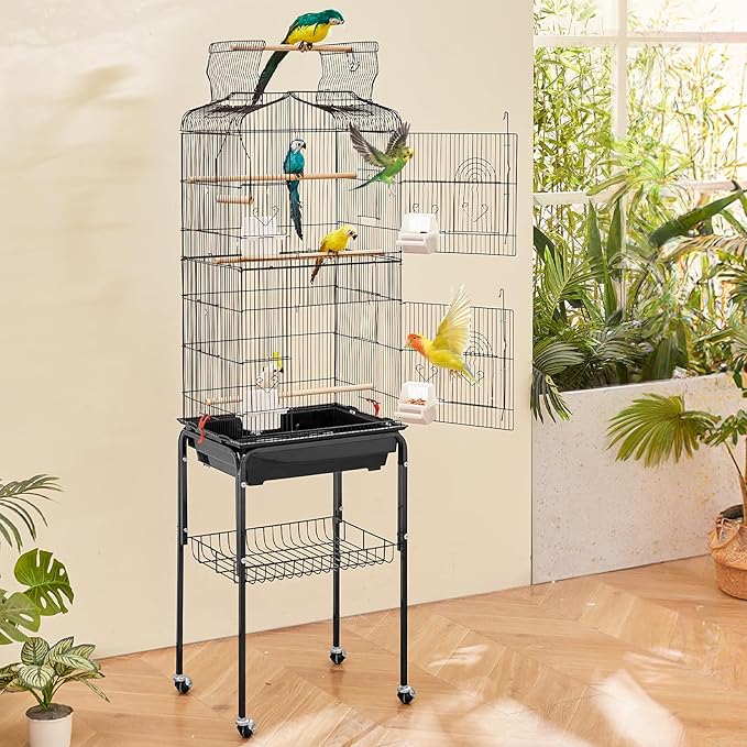 VEVOR 64-inch Open Top Large Parrot Bird Cage with Detachable Rolling Stand for Parakeets Finches Canaries Lovebirds Cockatiels Budgies Small Quaker Conures Flight Birdcage with Swing and Perch