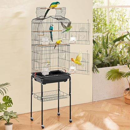 VEVOR 64-inch Open Top Large Parrot Bird Cage with Detachable Rolling Stand for Parakeets Finches Canaries Lovebirds Cockatiels Budgies Small Quaker Conures Flight Birdcage with Swing and Perch