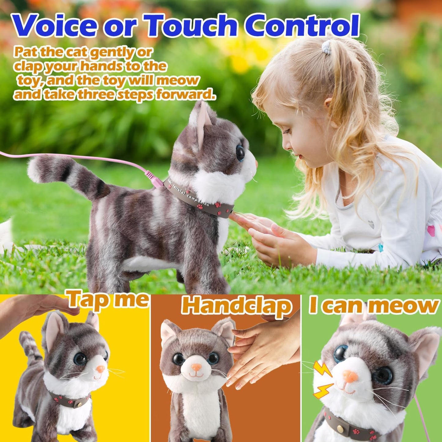 Gray Leash Walking Cat Set Singing That Purrs and Meows Animated Plush Robot Kitten Moving Plush Realistic Stuffed Animal Remote Control Cute Kawai Robotic Kitty Toy for Kid Girl Gift