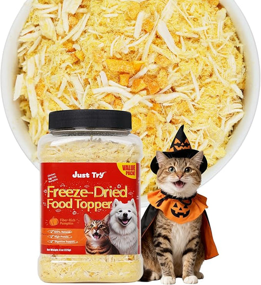 Just Try 8 OZ Pumpkin Freeze Dried Cat & Dog Food Toppers Mixers Low Calorie with Real Chicken Egg Yolk, High Protein Food Toppers Digestive Support