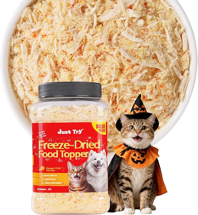 Just Try 8 OZ Fish Roe Freeze Dried Cat & Dog Food Toppers Mixers Grain Free Cat Treats for Indoor Cats Low Calorie Real Chicken Egg Yolk Omega 3 Supports Skin & Coat Health