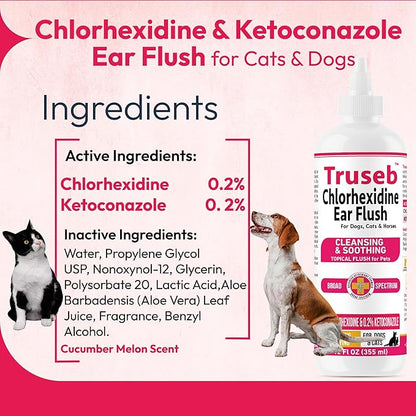 Truseb Advanced Topical Dog Ear Wash with Ketoconazole & Chlorhexidine Ear Flush Dog, Cats and Horses, with Aloe - 12 oz Made in U.S.A (Ketoconazole & Chlorhexidine Ear Flush, 12 oz)