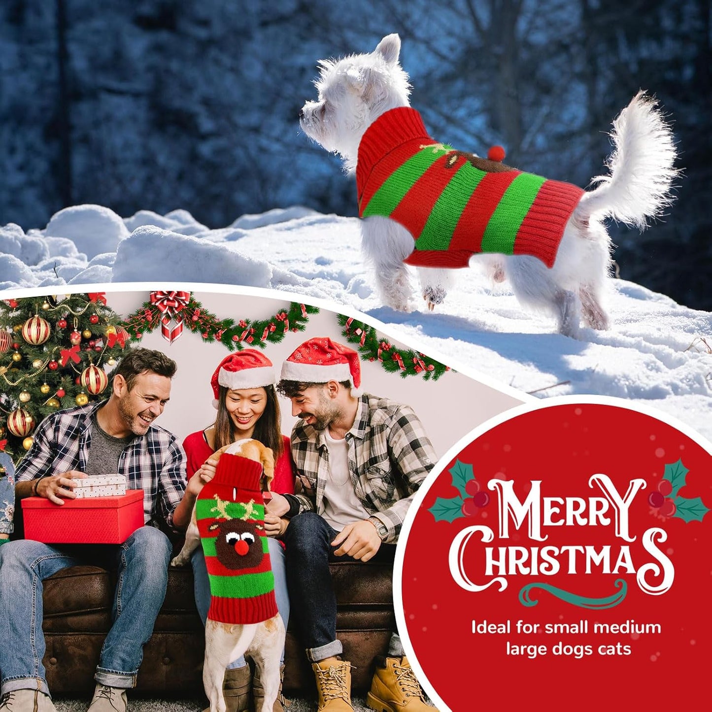 PETCARE Dog Christmas Sweater with Leash Hole Cute Striped Reindeer Dog Clothes for Small Medium Large Dogs Girl Boy Warm Fall Winter Knitted Pullover Vest Pet Puppy Cat Xmas Outfits