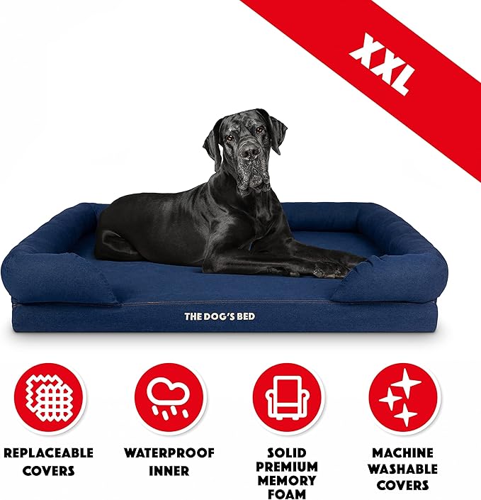 The Dog’s Bed, XXL Blue Denim, Memory Foam, Pain Relief: Arthritis, Hip & Elbow Dysplasia, Post Surgery, Lameness, Supportive, Calming, Waterproof Washable Cover