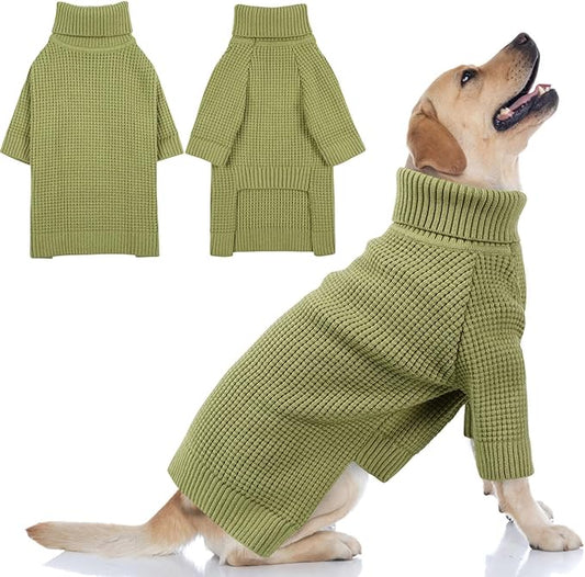 Queenmore Dog Sweater, Turtleneck Dogs Sweaters with Check Pattern, Winter Warm Dog Sweaters for Large Breeds, Solid Pull-on Pet Sweaters, Green L