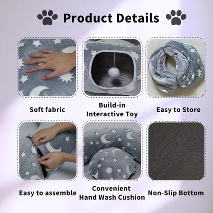 Cat Tunnel Bed for Indoor Cats with Washable Cushion Cat Cave Donut Tunnel with Fluffy Ball Big Round Tube Pet Playground Toys Soft Plush Peekaboo for Kitten, Cat, Puppy, Rabbit, Ferret（Moon Star）
