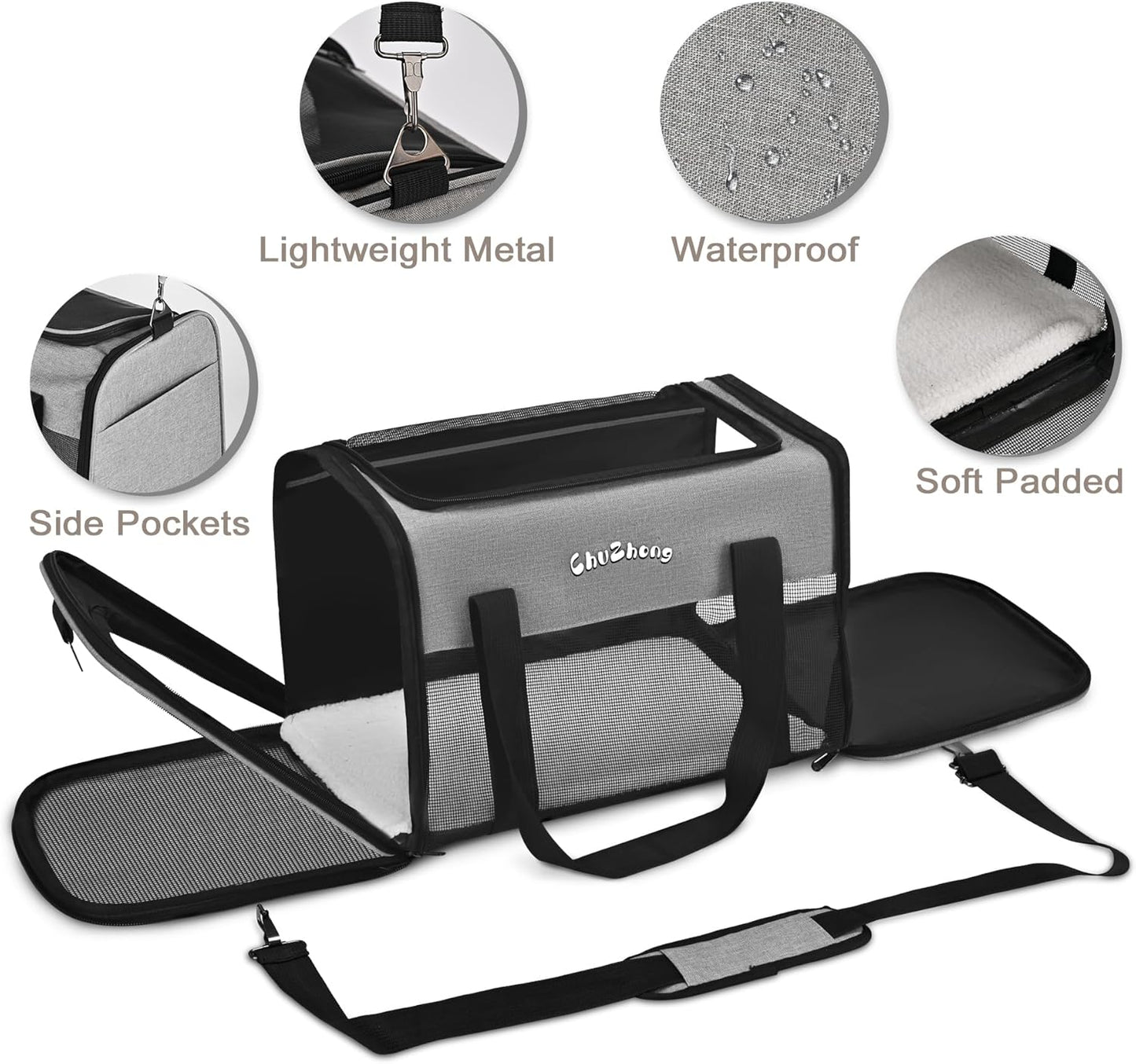 Airline Approved Pet Carrier for Cats & Small Dogs (Up to 18 Lbs) - Soft Sided Travel Carrier with Washable Pad (Grey)