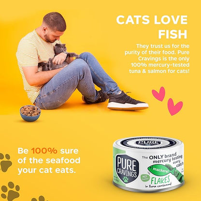 Pure Cravings Mackerel Flakes in Tuna Consommé, Canned Wet Cat Food Soup, 100% Mercury-Tested, Moist Can Fish, Grain-Free Protein, Non-GMO, 3oz, Pack of 12