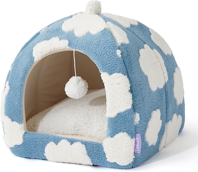 Lesure Cute Cat Beds for Indoor Cats - 2 in 1 Cat Cave Bed for Kittens and Small Pets with Removable Washable Cushioned Pillow, Cozy Kitten Tent with Non-Slip Bottom, Blue, 16 inches