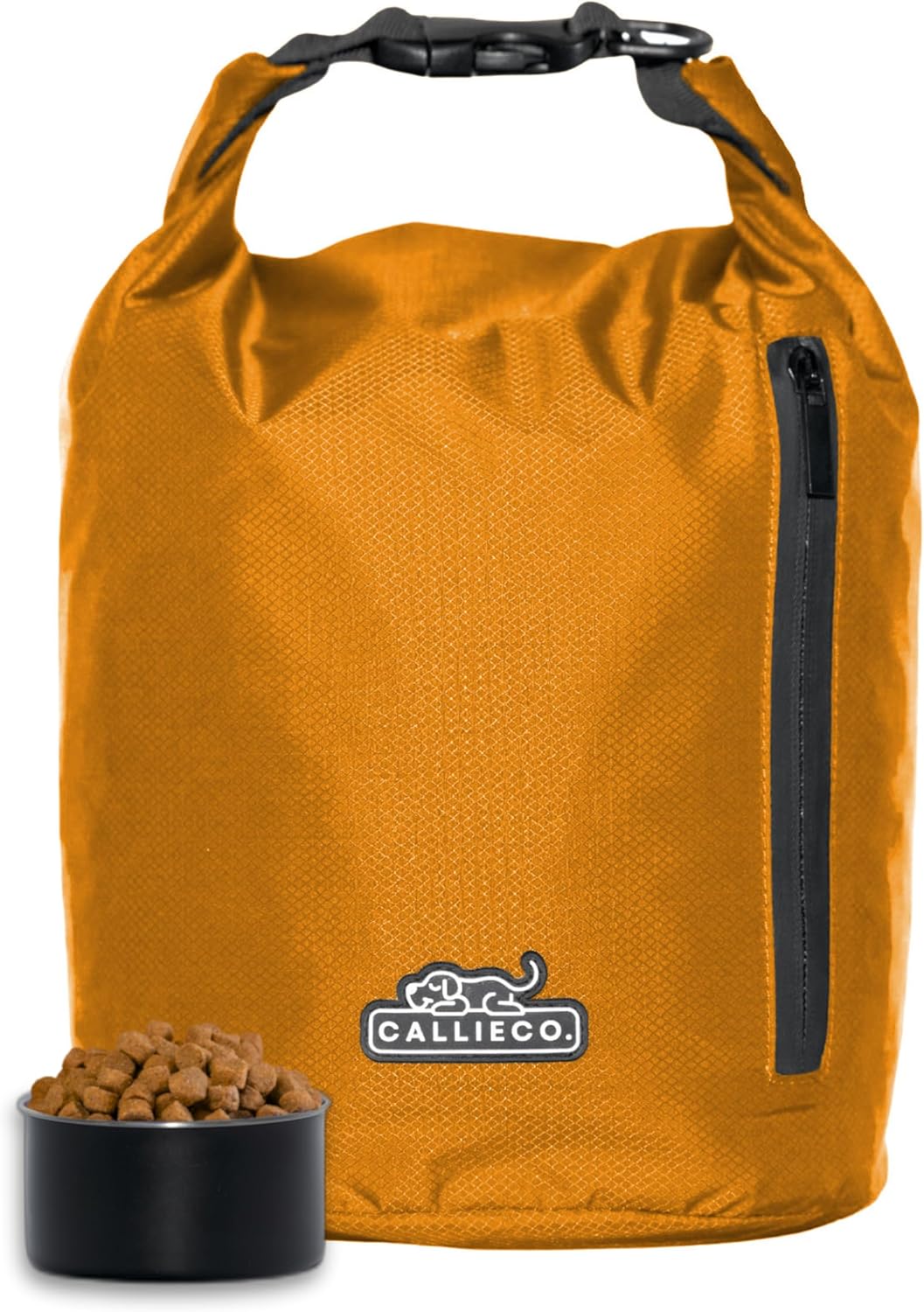 Callieco Dog Food Travel Bag w/ 1 Cup Scoop and Zipper Side Pocket | Waterproof Kibble Storage Container for Home, Road Trips, Camping, Boarding and More (Orange, 32 Cups)