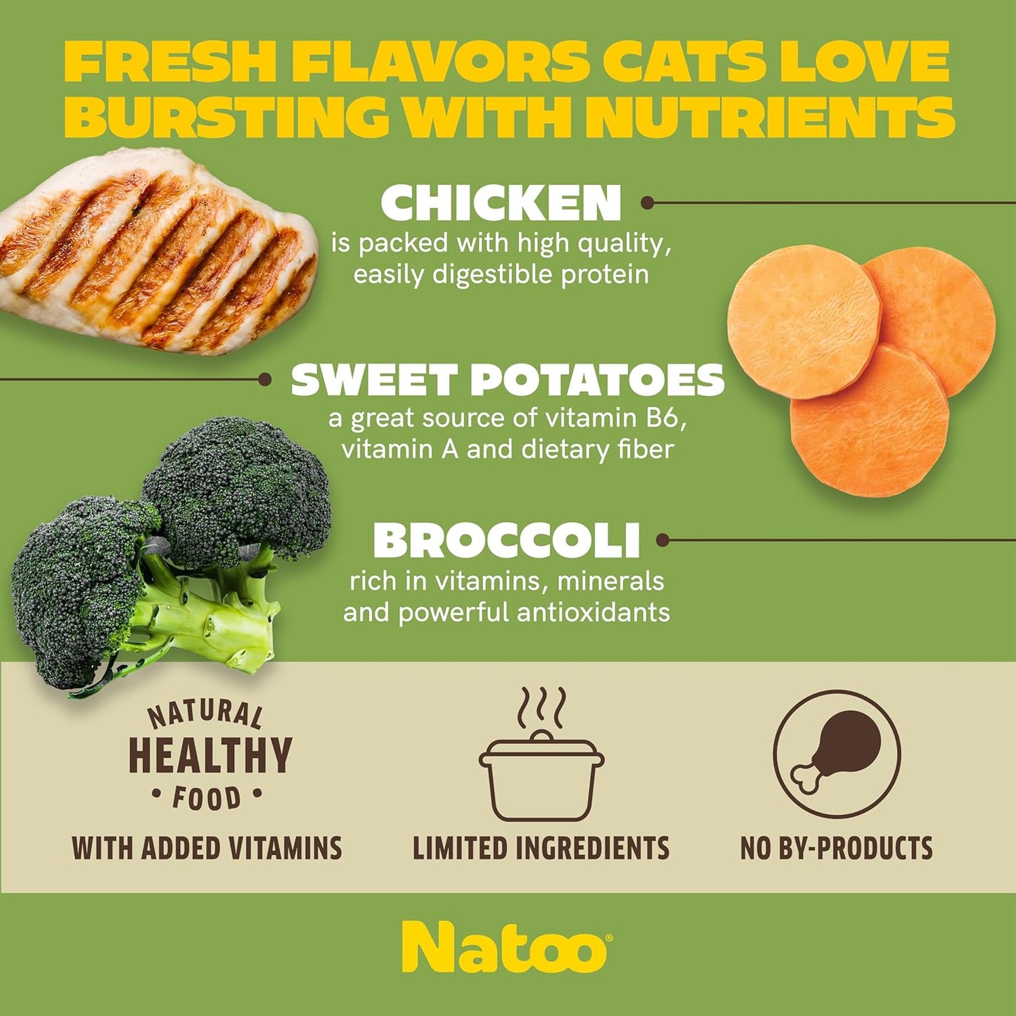 NATOO Cat Food Topper for Picky Eaters, Healthy Soft KittyTreat (Chicken, Sweet Potato & Broccoli) Wet Cat Meal with Gravy, High Protein, Limited Ingredient Adult & Kitten Food, 2.4 oz (Case of 20)