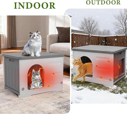 Insulated Cat House Outdoor Weatherpoof Plastic Cats Houses with Escape Door Indoor Waterproof Feral/Pet Cat Shelter Outside for Puppy, Rabbit for Winter