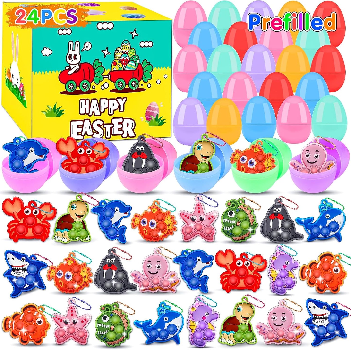 24 Pack Prefilled Easter Eggs with Toys,2.7inch Easter Eggs Filled with Sea Animal Pop Toys,Easter Basket Stuffers for Kids,Prefilled Eggs for Easter Egg Hunt