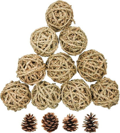 10 Pcs Small Animals Play Balls Rolling Activity Chew Toys Gnawing Treats for Rabbits Guinea Pigs Chinchilla Bunny Natural Balls, Pet Cage Entertainment Accessories(10Pcs)