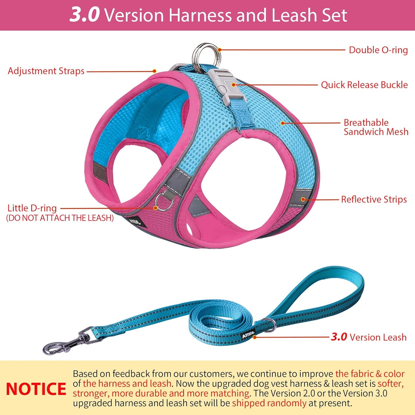 AIITLE Dog Harness, Summer No-Pull Cat Harness with a Leash, Adjustable Reflective Dog Vest, Cat Harness Escape Proof, Outdoor Walking, Camping for Extra Small Dogs and House Cats Hot Pink XXXS