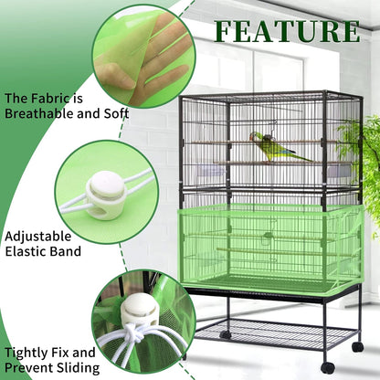 Daoeny Large Bird Cage Cover, Bird Cage Seed Catcher, Adjustable Soft Airy Nylon Mesh Net, Birdcage Cover Skirt Seed Guard for Parrot Parakeet Macaw African Round Square Cages (Green)