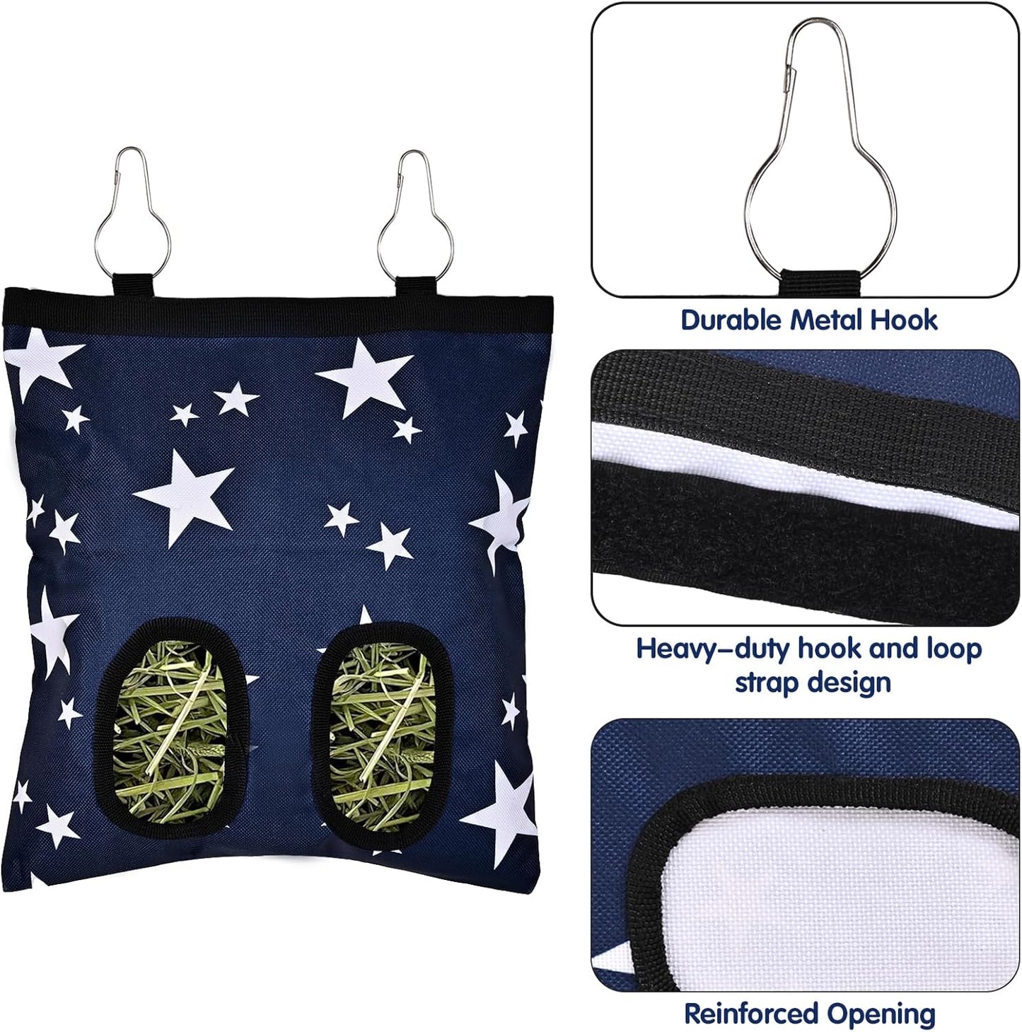 Upgraded Rabbits Hay Feeder Bag for Bunny, Guinea Pigs, Chinchillas - Hanging Washable 2-Hole Hay Dispenser with 600D Oxford Fabric, Small Animal Cage Accessories (Blue Star)