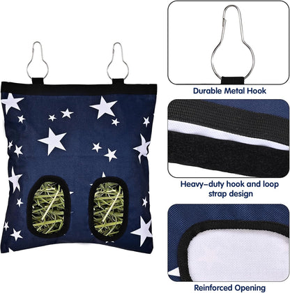 Upgraded Rabbits Hay Feeder Bag for Bunny, Guinea Pigs, Chinchillas - Hanging Washable 2-Hole Hay Dispenser with 600D Oxford Fabric, Small Animal Cage Accessories (Blue Star)