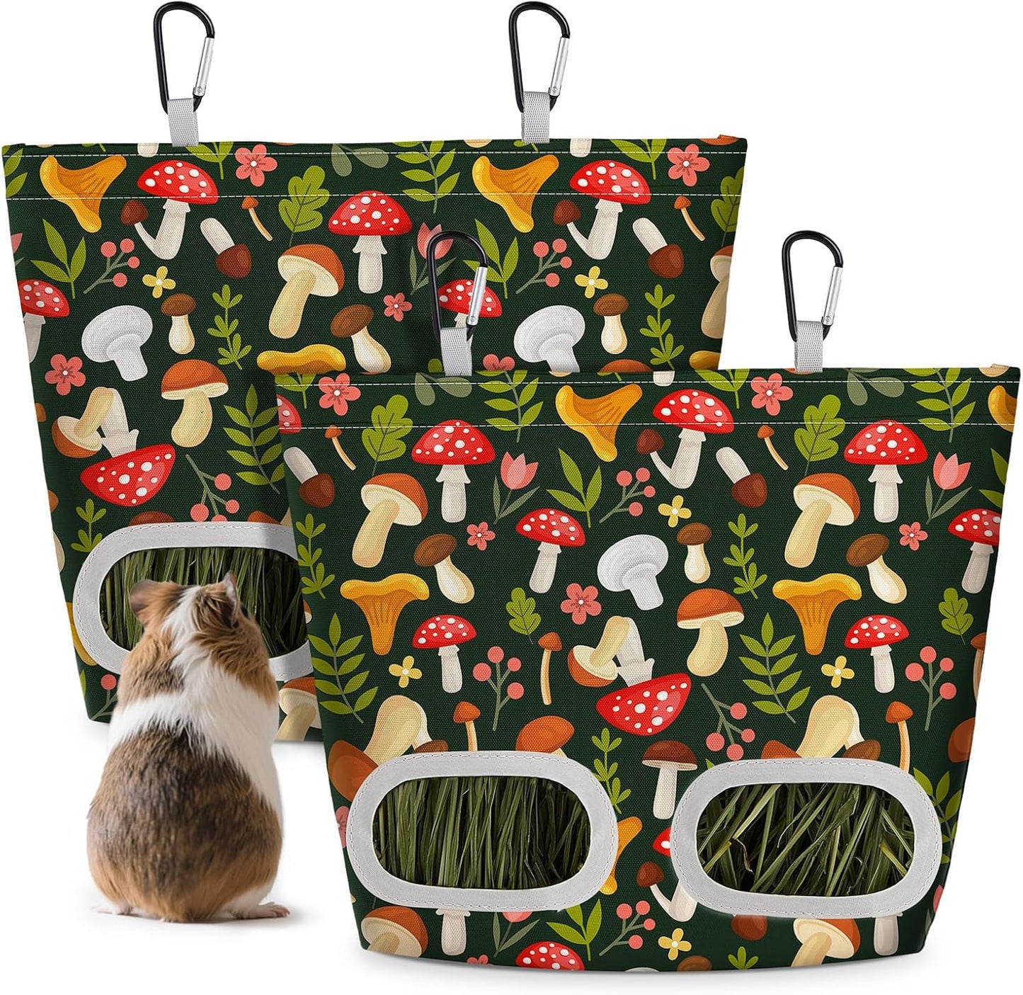 Glittme 2 Pack Guinea Pig Hay Feeder, 11.5x9 Inch Hay Bag for Rabbits, Hanging Hay Holder for Guinea Pigs Cage Hay Feeder for Bunny, Small Pets,Green Mushroom