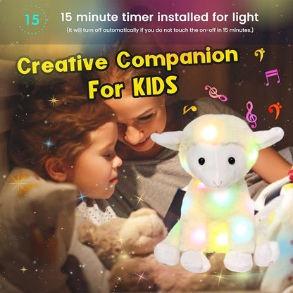 Hopearl LED Musical Stuffed Lamb Lighting Up Sheep Singing Plush Toy Adjustable Volume Lullaby Animated Soothe Birthday Gifts for Kids Toddler Girls, Beige, 11''