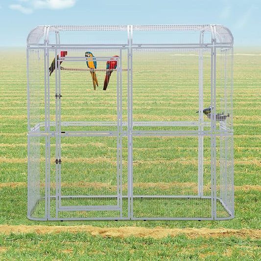 Large Walk-in Cage 87-inch Heavy Duty Bird Cage Outdoor Aviary Parrot Cage Wide Flight Metal Birdcage with Stand for Macaw Budgie Conure Lovebird Parakeet Cockatiel, 7.22x5.25x6.8ft, White