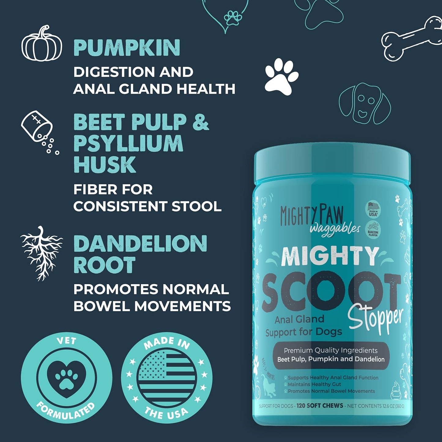 Mighty Paw Waggables Mighty Scoot (Made in USA) | Dog Digestive Support Anal Gland Chews. Anal Gland Scoot for Dogs. Beet Pulp & Pumpkin Fiber Supplements. Pet Bowel Gut Health (120 Count)