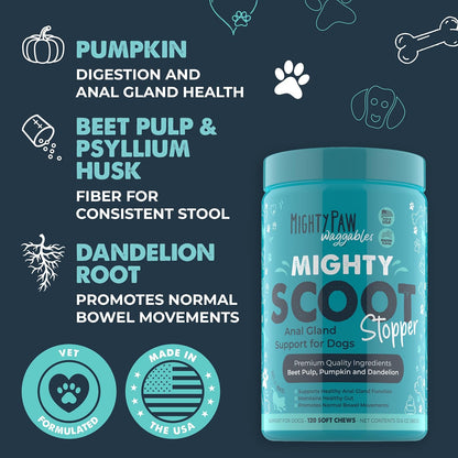 Mighty Paw Waggables Mighty Scoot (Made in USA) | Dog Digestive Support Anal Gland Chews. Anal Gland Scoot for Dogs. Beet Pulp & Pumpkin Fiber Supplements. Pet Bowel Gut Health (120 Count)
