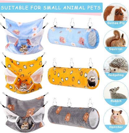 Sweetude 6 Pcs Rat Hammock Set Ferret Hanging Tunnel 3 Tier Guinea Pig Hammocks Hideout Soft Chinchilla Bed for Cage Accessories Hide,Play and Sleep (Sun,Bear)