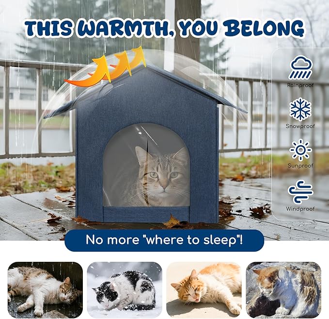 Outdoor Cat House Weatherproof, Insulated Cat Houses for Outdoor/Indoor Cats for Winter, Waterproof Feral Stray Cat Shelter with Warm Cushion and Door Curtain, Easy to Assemble, Navy Blue