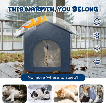 Outdoor Cat House Weatherproof, Insulated Cat Houses for Outdoor/Indoor Cats for Winter, Waterproof Feral Stray Cat Shelter with Warm Cushion and Door Curtain, Easy to Assemble, Navy Blue