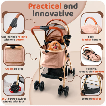 Pet Stroller for Small Medium Dogs & Cats – 2-in-1 Detachable Carrier, Zipperless Entry, Lightweight Folding Travel Stroller with Storage Basket, Cup Holder, Brown