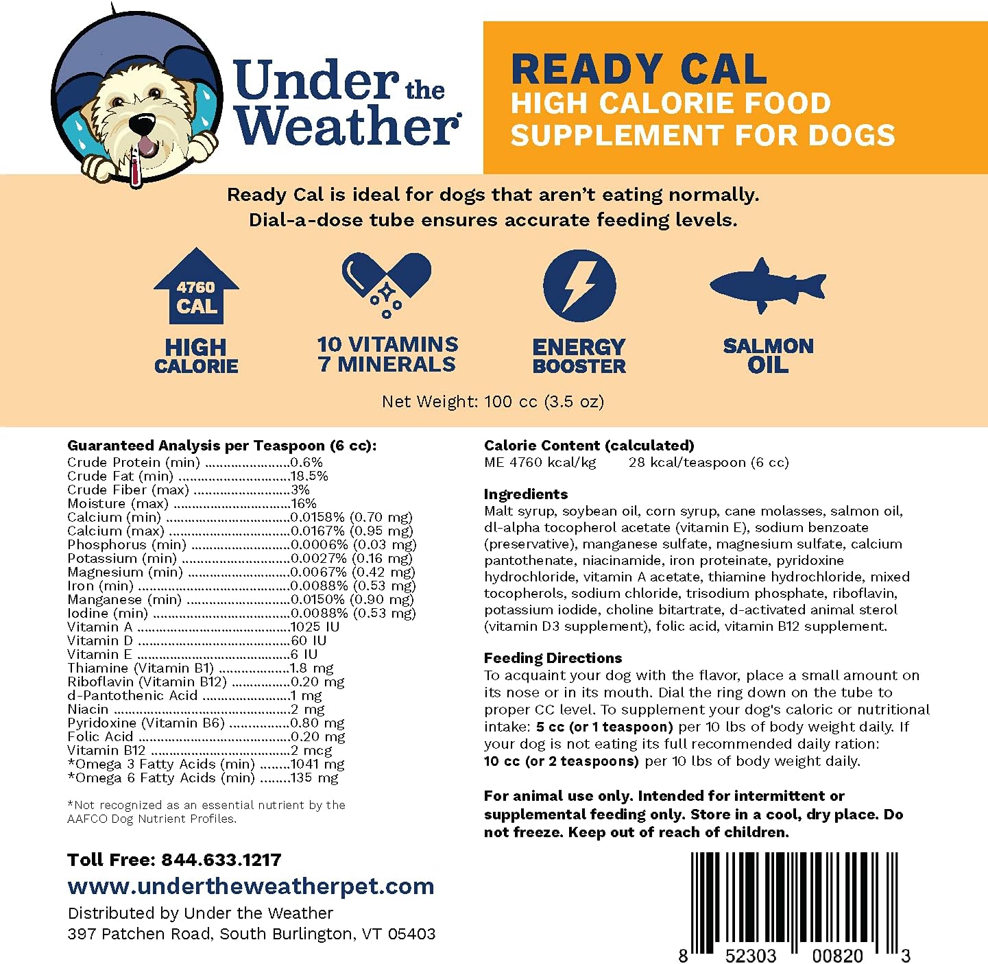 Under the Weather Pet | Ready Cal for Dogs 100cc | High Calorie Supplement | Weight Gainer and High Calorie Booster | 10 Vitamins, 7 Minerals & Omega Fatty Acids
