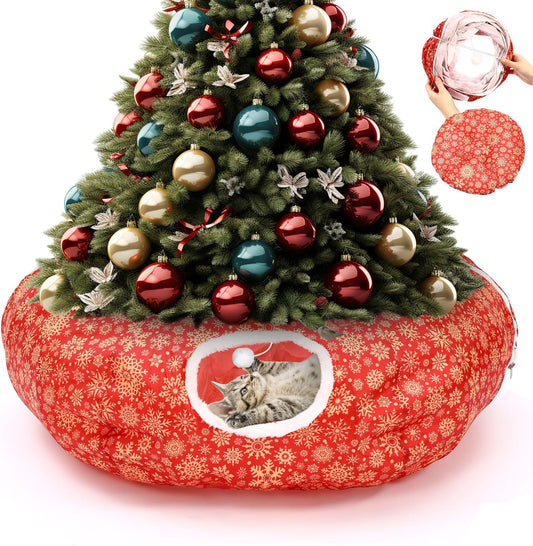 Cat Tunnel Bed Under Christmas Tree 36'' Kitten Circle Donut Tunnel Skirt with Ball Mat Decorative Xmas Folding Home Kitty Guard Tube Holiday Party Indoor Pet(Red Gold,Snowflake)