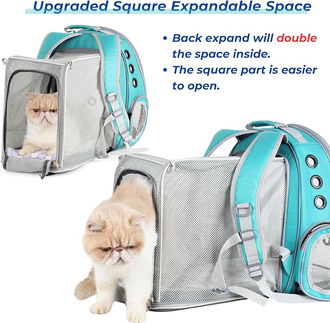 Lollimeow Cat Carrier Backpack, Bubble Expandable Backpack Carrier, Pets and Small Dogs,Airline-Approved, Designed for Travel, Hiking, Walking & Outdoor Use (Square Back Expandable-Green)