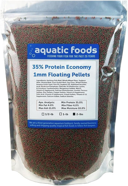 Aquatic Foods Inc. 1mm - 1/32, 35% Protein Economy Floating Pellets for All Community Fish, Tetras, Guppies, Angel Fish, Cichlids, Goldfish. All Tropical Fish - WL…2-lbs Foil Pouch Bag