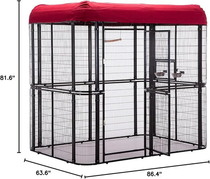 Large Black Walk in Bird Cage Parrot Macaw with Red Cover Top Parakeet Finch Budgie Lovebird Aviary Pet House Heavy Duty Big