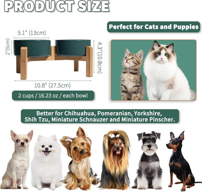 Elevated Ceramic Dog Bowl Set - Raised Feeding Bowls with Non-Slip Bamboo Stand - Small Pet Dishes for Food and Water - Ideal for Cats and Puppies - 16.23 OZ - 2 Cups - 480 ML