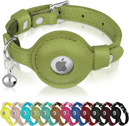 OOPSDOGGY Cat Collar for AirTag Holder, Leather Kitten Collars with Elastic Strap & Bell, Non Breakaway Adjustable Small Pet Collars for Indoor & Outdoor for Boy, Girl (Olive Green)