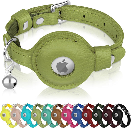 OOPSDOGGY Cat Collar for AirTag Holder, Leather Kitten Collars with Elastic Strap & Bell, Non Breakaway Adjustable Small Pet Collars for Indoor & Outdoor for Boy, Girl (Olive Green)
