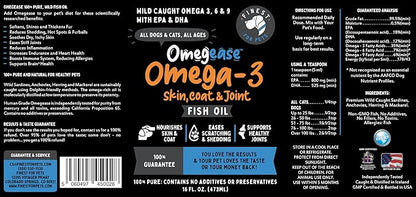 Omegease Fish Oil for Dogs & Cats - Finest for Pets Omega 3 for Cats & Dogs - Supplement for Skin & Coat, Itching, Shedding, Joints & Immune Health - 100% Pure Omega Fish Oil with EPA & DHA (16 oz)