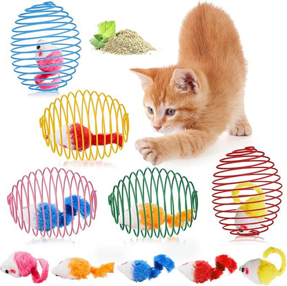 Jecery 5 Pcs Halloween Cat Spring Balls Toys Stretchable Rolling Balls Colorful Playful Coils Interactive Spring Action Toy Caged Rats for Kitten Cat Pet Supplies(Catnip Rats,Bright Color,5 Pcs)