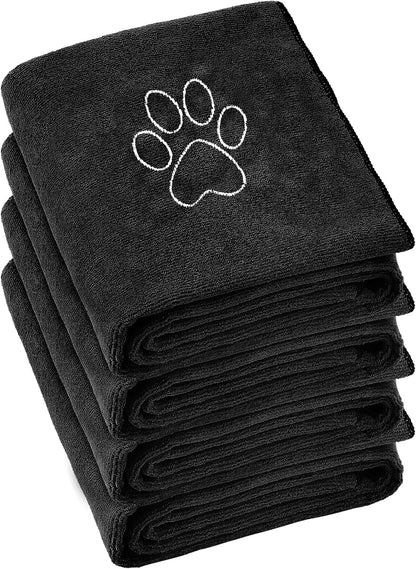 Chumia 4 Pack Dog Towels for Drying Large Microfiber Grooming Tools Absorbent Soft Bath Supplies with Embroidered Paw for Small Medium Pet Products(16 x 32 Inch,Black)